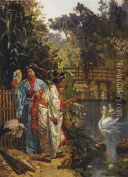 Beijins Fishing In An Ornamental Pond Oil Painting - Edouard Castres