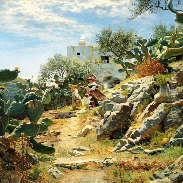 At Noon In A Cactus Plantation In Capri Oil Painting - Peder Mork Monsted