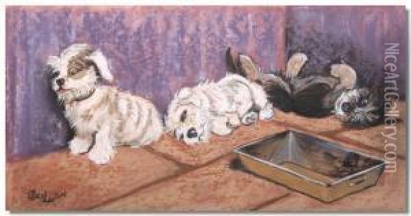 Puppies Playing By A Baking Tin Oil Painting - Cecil Charles Aldin