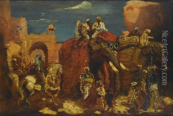 A Parade Of Elephants Oil Painting - Marius Bauer