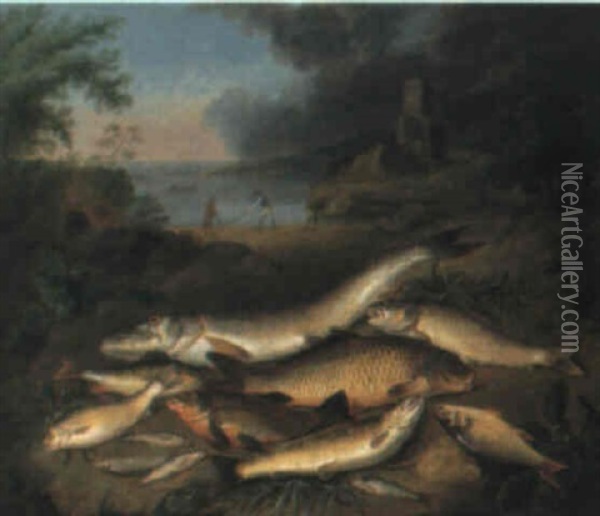 A Still Life Of Fish, With Fishermen In A Lake Landscape Beyond Oil Painting - Stephen Elmer
