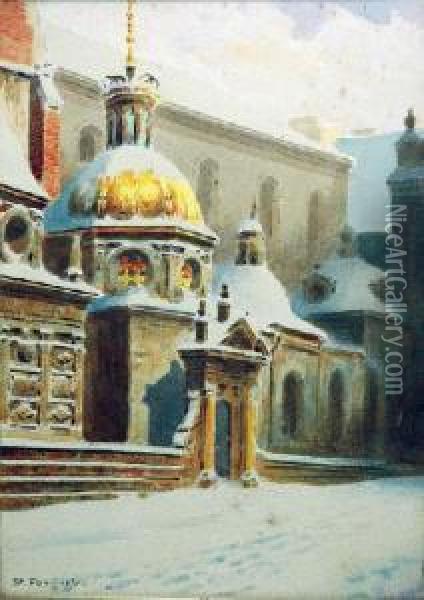 Kaplica Zygmuntowska Na Wawelu Zima Oil Painting - Stanislaw Ignacy Fabijanski Poraj