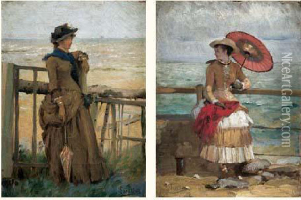 Elegantes Au Bord De La Plage Oil Painting - Gustave Francois Lasellaz