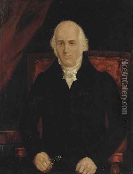 Portrait of a gentleman, seated three-quarter-length, in a black coat, holding a pair of spectacles, with a bible to the side Oil Painting - English School