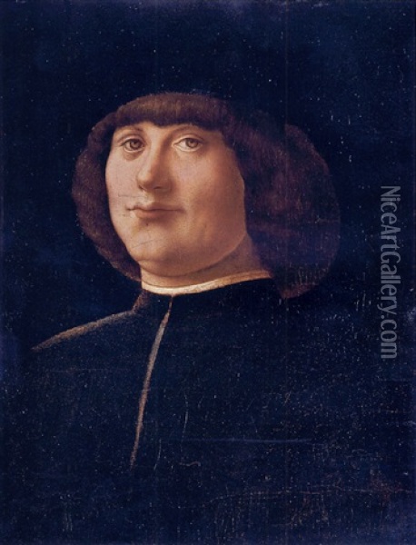 Portrait Of A Gentleman In A Black Coat And Black Cap Oil Painting - Alvise Vivarini