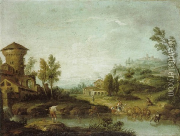 Hugelige Fluslandschaft Mit Hirten Und Einem Dorf Oil Painting - Giovanni Battista Cimaroli