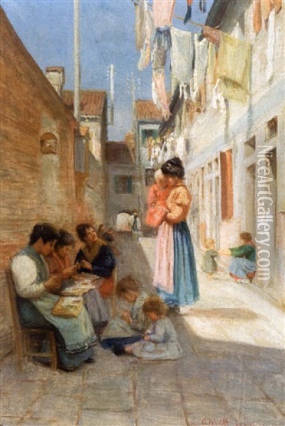 Reed Flower Workers, Street Scene In Venice Oil Painting - Otto Friedrich Wolf