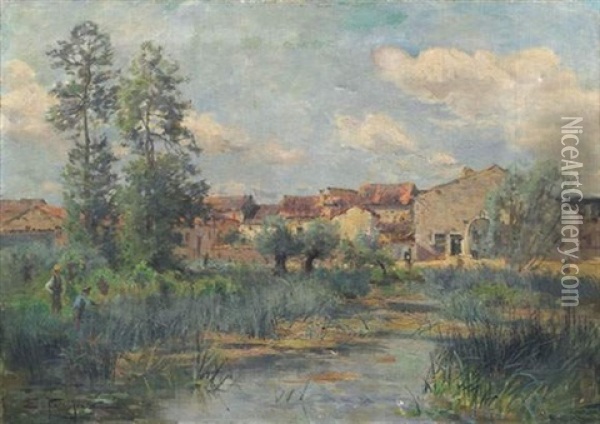 Pecheurs Devant Un Village Oil Painting - Edmond Marie Petitjean