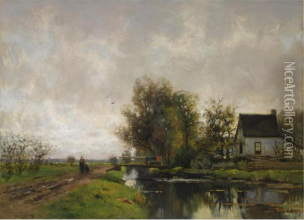 Figures Near A House On The Waterfront Oil Painting - Fredericus Jacobus Van Rossum Du Chattel