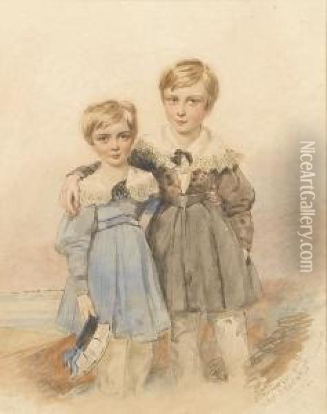 Two Young Boys, The One On The Left Wearingblue Smock With Puffed Sleeves And White Lace Falling Collar Tiedwith A Black Bow Over White Trousers, A White Sailor Cap With Blueribbons Held In His Left Hand, The One On The Right Wearing Brownsmock With Butto Oil Painting - Simon Jacques Rochard De Nantes