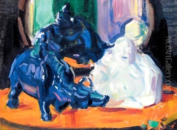 Still Life With A White Buddha And A Porcelain Buffalo Oil Painting - Francis Campbell Boileau Cadell
