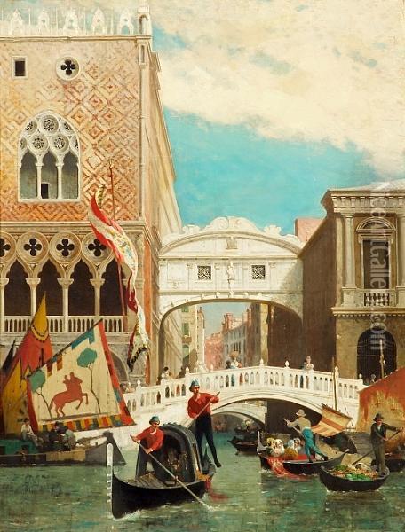 Gondolas Before The Bridge Of Sighs Oil Painting - Fabius Germain Brest