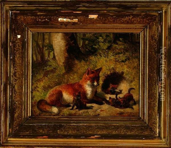 A Fox With Her Litter Oil Painting - Carl Henrik Bogh