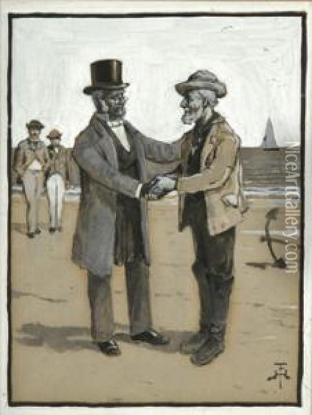 Two Men Shaking Hands On A Beach Oil Painting - Henry Farny