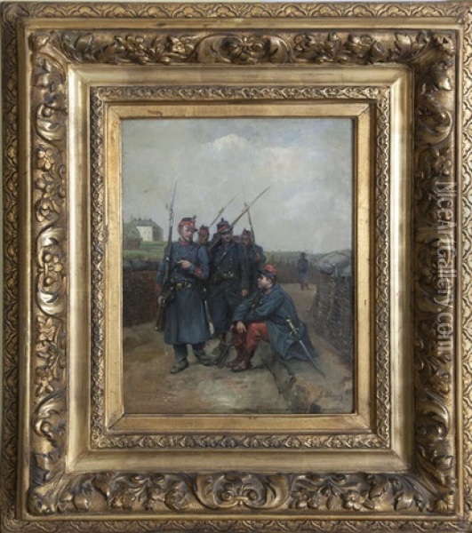 French Soldiers Marching Through A Trench, During The Franco-prussian War Oil Painting - Albert Bligny