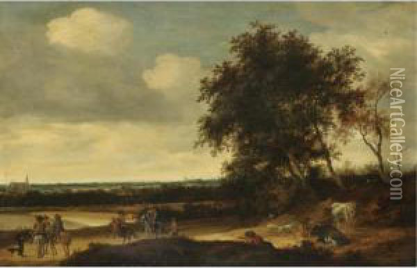 A Landscape With Cavaliers In The Foreground, A Church Beyond Oil Painting - Jacob Salomonsz. Ruysdael
