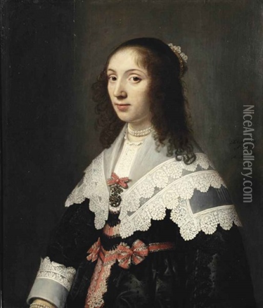 Portrait Of Agatha De Vlaming Van Oudtshoorn (1619-1675), Half-length, In An Embroidered Black Dress With Red And Silver Silk Decorations, With A White Lace Collar And Cuffs, A Pearl Necklace And A Jewelled Tiara Oil Painting - Michiel Janszoon van Mierevelt