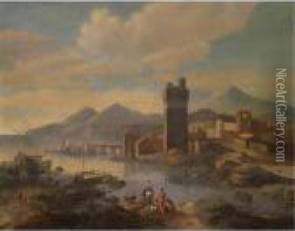 An Estuary Scene With Drovers And A Classicising Town Beyond Oil Painting - Nicolaes Berchem