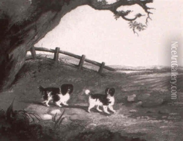 King Charles Spaniels In A Landscape Oil Painting - George Fenn