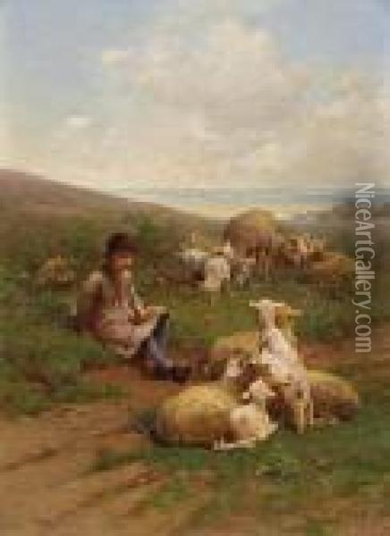 A Young Shepherd With His Flock Oil Painting - Luigi Chialiva