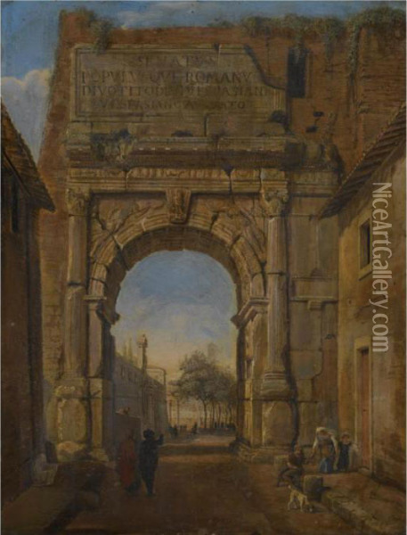 The Arch Of Titus With Figures Conversing In The Foreground Oil Painting - (circle of) Wittel, Gaspar van (Vanvitelli)