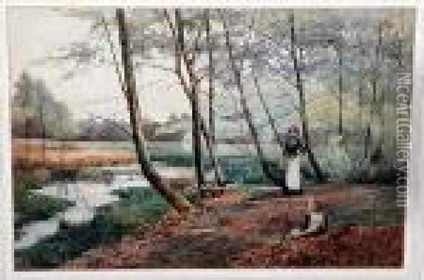 Woman And Child Gathering Wood By A Pond Oil Painting - Benjamin D. Sigmund