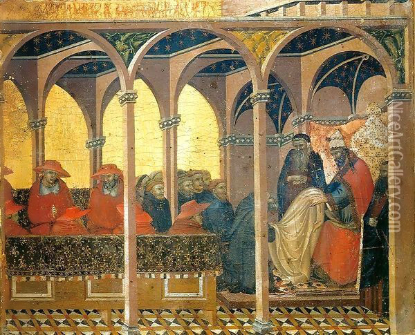 Predella panel The Approval of the New Carmelite Habit by Pope Honorius IV Oil Painting - Pietro Lorenzetti