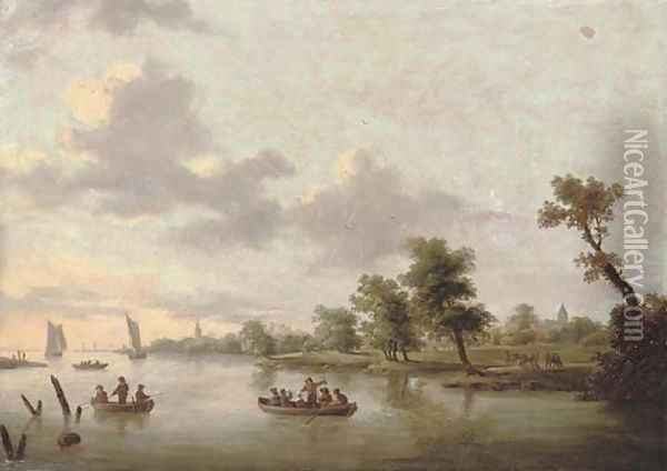 A river landscape with anglers in boats, a village beyond Oil Painting - Norbert Joseph Carl Grund