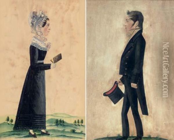 An Associated Pair Of Portraits Of A Gentleman And A Lady Oil Painting - Jacob Maentel