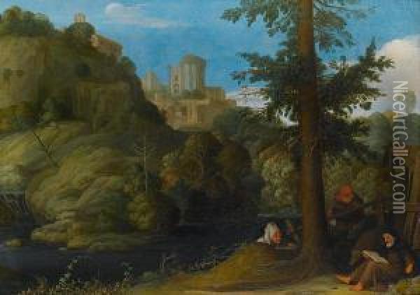 A Hermit With Two Travellers In A Woodedlandscape Oil Painting - Johann Konig