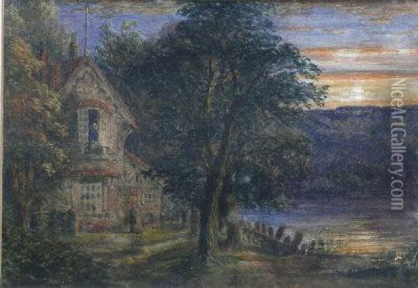 A Sunset Scene With Riverside House Oil Painting - Anthony Vandyke Copley Fielding