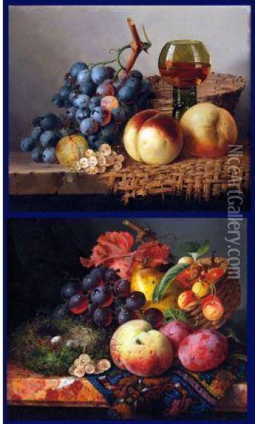 Still Life Study Of Mixed Fruit, Basket, Wine Glass Oil Painting - Edward Ladell