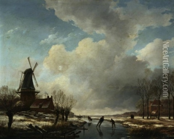 Hollandische Kanallandschaft Im Winter Oil Painting - Andreas Schelfhout