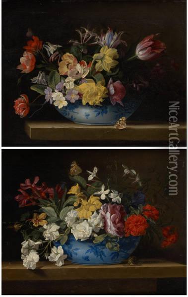 Bouquets 
 Fleuris Avec Insectes Sur Entablement Oil Painting - Jean Picart