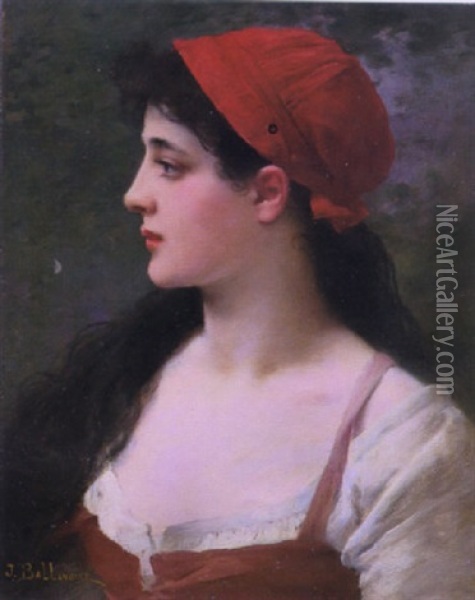 Profile Of A Young Girl Wearing A Red Hat Oil Painting - Jules Frederic Ballavoine