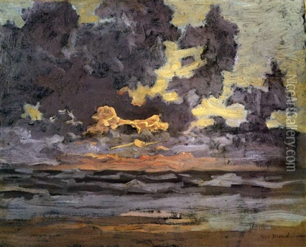 A Landscape At Sunset Oil Painting - Piet Mondrian