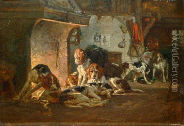 Chiens Courants Devant Lacheminee Oil Painting - Jean-Baptiste-Louis Guy