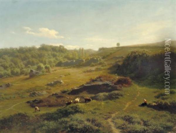 Cattle In An Extensive Summer Landscape Oil Painting - Jean-Baptiste Kindermans