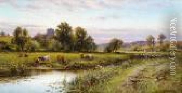 Haymaking Near Lewes, Sussex Oil Painting - Alfred Augustus Glendening