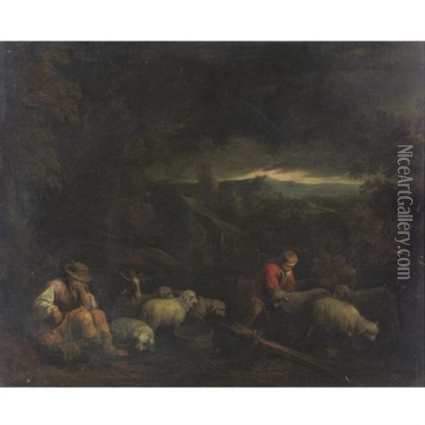 Landscape With Herdsmen And Their Flock Oil Painting - Jacopo dal Ponte Bassano