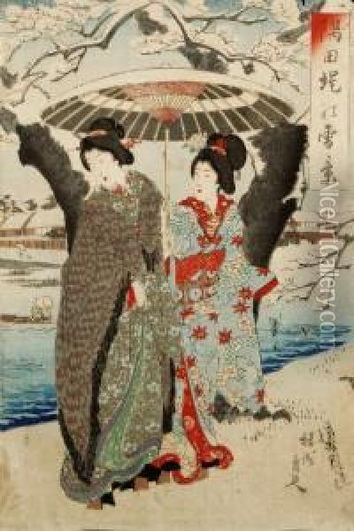 Due Donne Sotto La Neve Lungo Il Fiume Sumida Oil Painting - Yoshu Toyoharu Chikanobu /