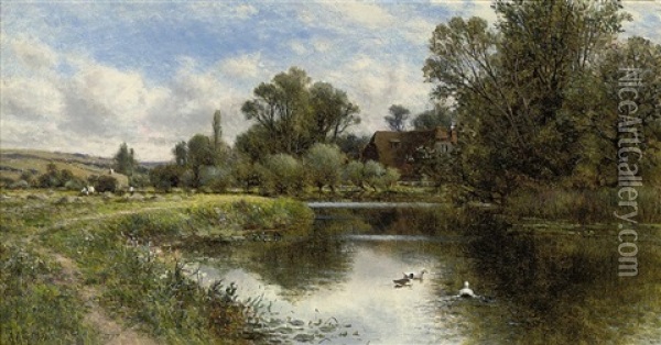 Ducks On A Pond, A Cottage Beyond Oil Painting - Alfred Augustus Glendening Sr.