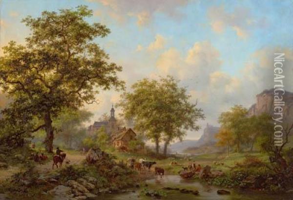 Summer Landscape With Cattle Before A Village With Church. Oil Painting - Frederik Marianus Kruseman