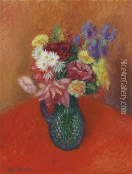 Flowers With Red Tablecloth Oil Painting - William Glackens