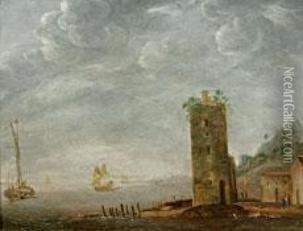 Kustenlandschaft Mit Schiffen Vor Einer Hafenstadt Oil Painting - Pieter the Younger Mulier