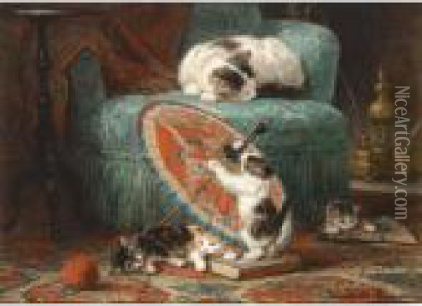 Playing Time, The Japanese Parasol Oil Painting - Henriette Ronner-Knip
