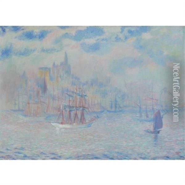 Ships In New York Harbor Oil Painting - Theodore Earl Butler