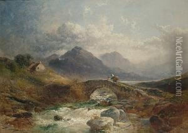 Highland Scene With Figures Crossing A Stream Oil Painting - Joseph Horlor