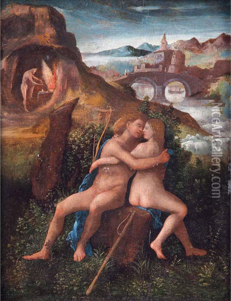 Venus And Adonis Oil Painting - Giulio Campagnola