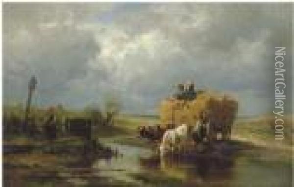 Figures With Cows In A Stream Oil Painting - Paul Weber